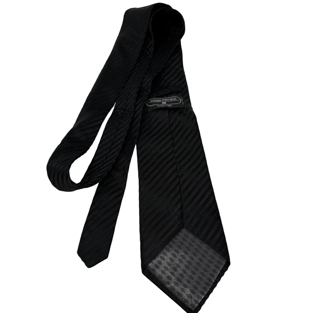 Bruno Piattelli Necktie Mens Extra Long Black Ribbed Silk Diagonal Stripe USA